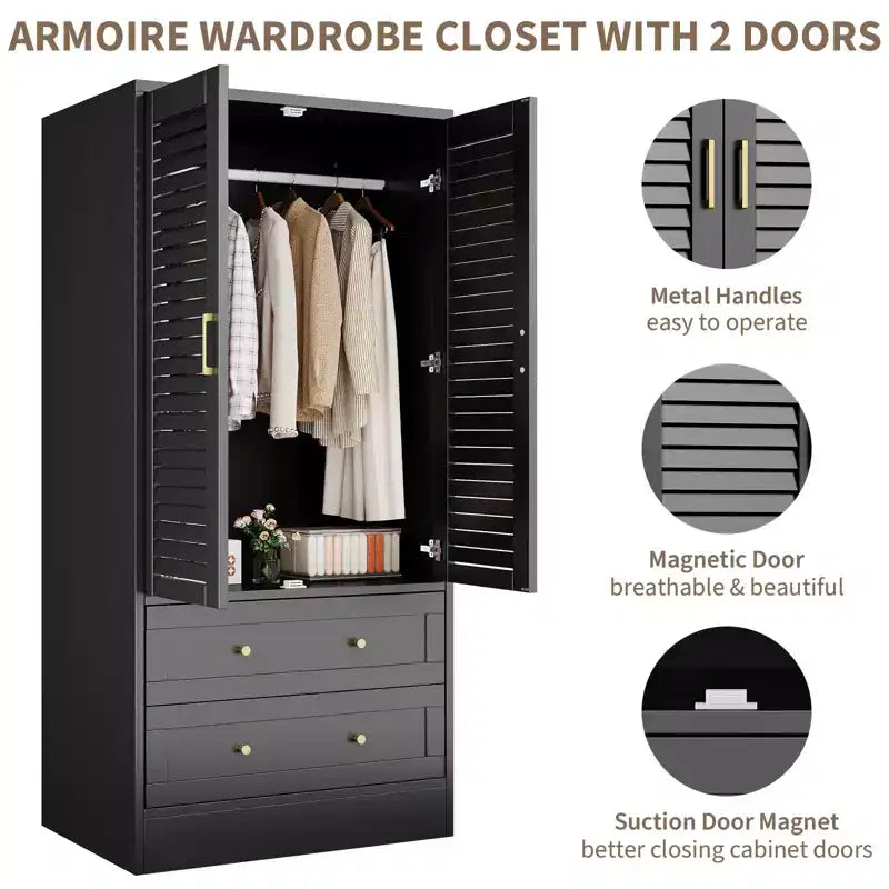 Spacious Wooden Wardrobe Closet  65 Louvered Doors, 2 Drawers, Hanging Rod, Durable Composite Wood, Bedroom/Laundry/Entryway Storage