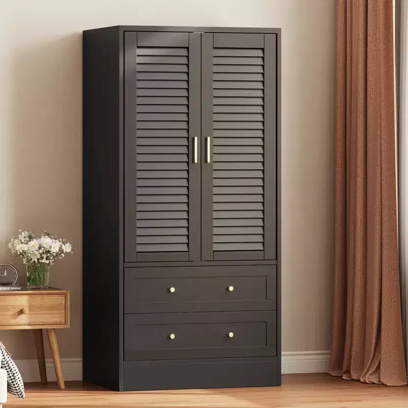 Spacious Wooden Wardrobe Closet  65 Louvered Doors, 2 Drawers, Hanging Rod, Durable Composite Wood, Bedroom/Laundry/Entryway Storage