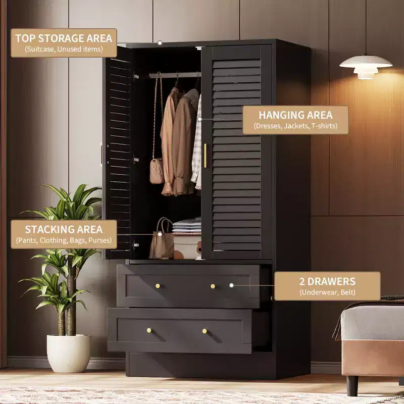 Spacious Wooden Wardrobe Closet  65 Louvered Doors, 2 Drawers, Hanging Rod, Durable Composite Wood, Bedroom/Laundry/Entryway Storage