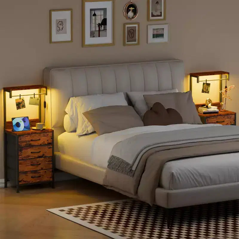 Modern Brown Nightstand with LED Lights Charging Station USB Ports 4 Fabric Drawers 4 Tier Storage Shelves Tall Bedside Side End Table Organizer