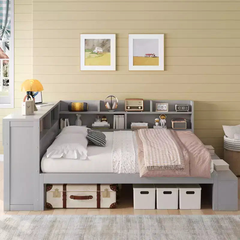 Whisen Full Daybed Frame Solid Wood Daybed with Storage Cabinets, Shoe Cabinet