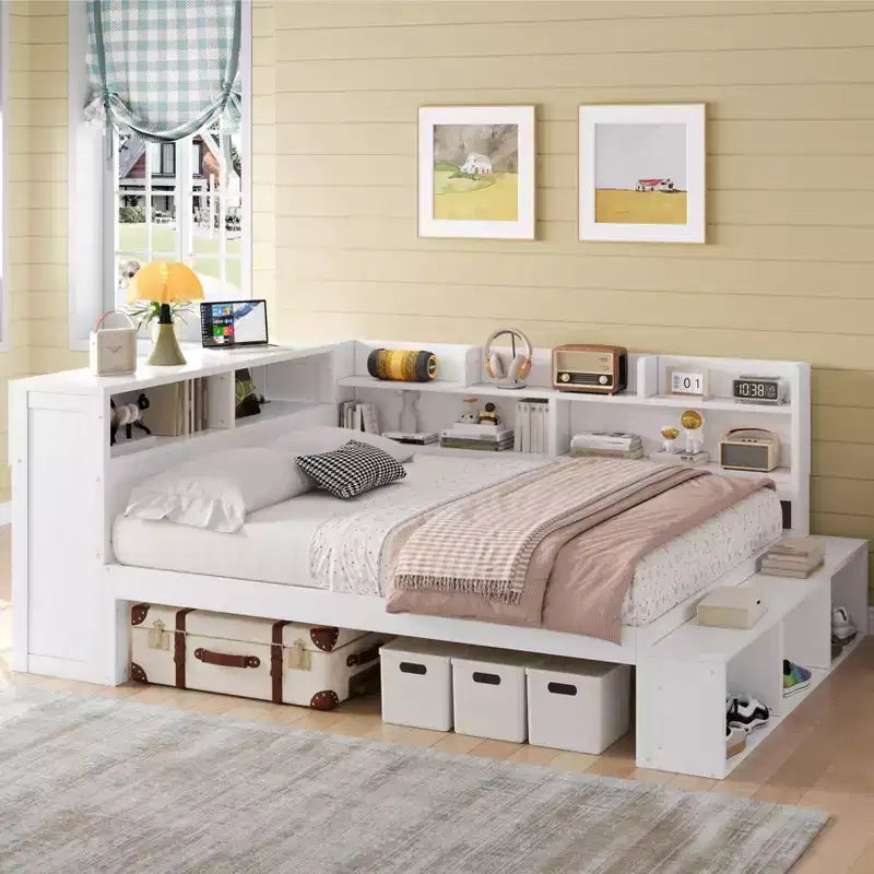 Whisen Full Daybed Frame Solid Wood Daybed with Storage Cabinets, Shoe Cabinet