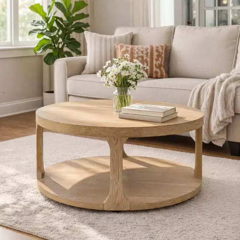Christopher Knight Home Xochitl Farmhouse Round Wood Coffee Table with 2-Tier Storage Shelf