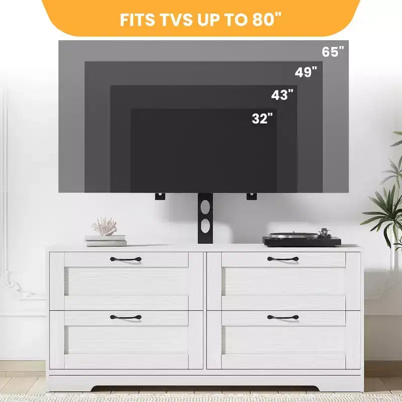 TV Stand with Adjustable Mount for 32-80 TVs  4 Storage Drawers  Wood Media Console Table