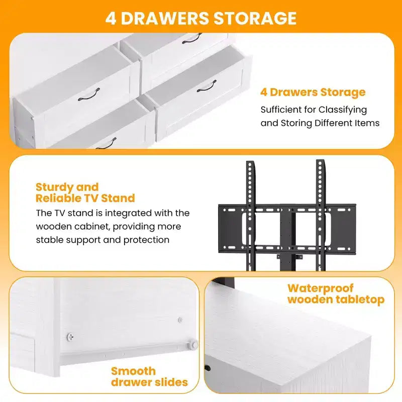 TV Stand with Adjustable Mount for 32-80 TVs  4 Storage Drawers  Wood Media Console Table