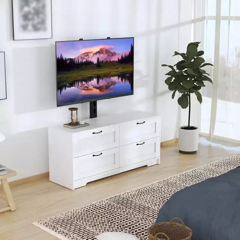 TV Stand with Adjustable Mount for 32-80 TVs  4 Storage Drawers  Wood Media Console Table