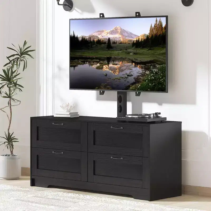 TV Stand with Adjustable Mount for 32-80 TVs  4 Storage Drawers  Wood Media Console Table
