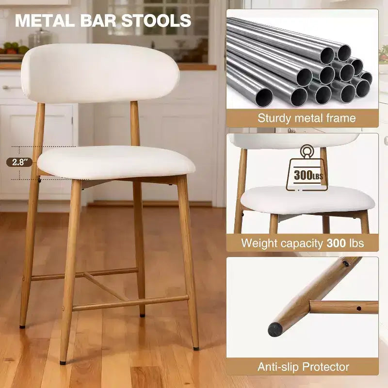 FurnitureR Set of 2 Counter Height Bar Stools with Upholstered Seat & Metal Legs, 26.3 Modern Kitchen Island Chairs with Backrest
