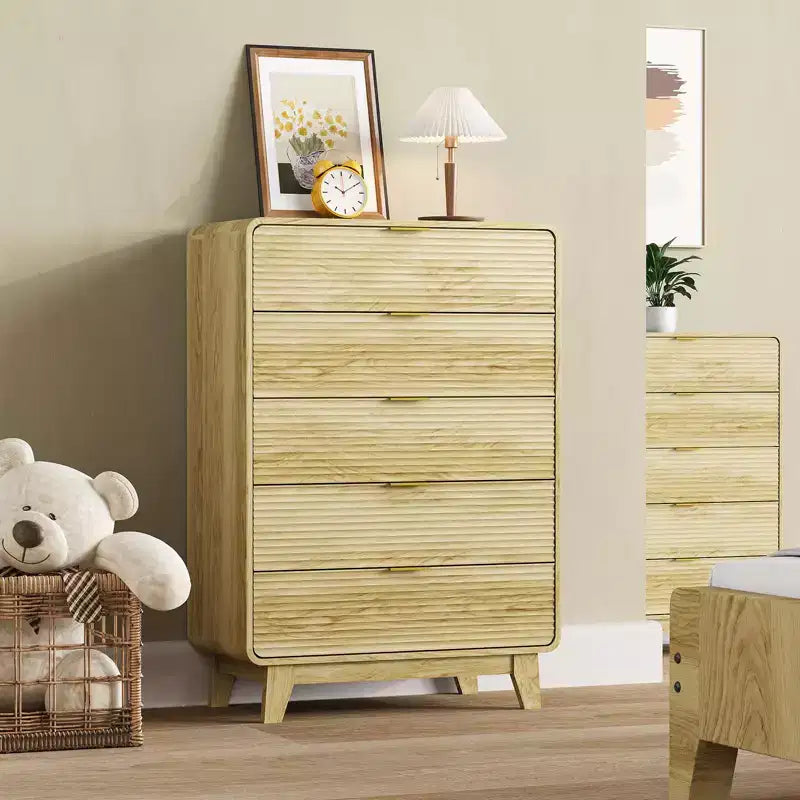 Fluted 5 Drawers Dresser, Curved Profile Design, Modern Wood Storage Cabinet, for Living Room, Bedroom, Entryway