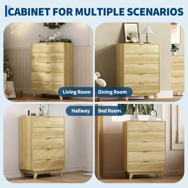 Fluted 5 Drawers Dresser, Curved Profile Design, Modern Wood Storage Cabinet, for Living Room, Bedroom, Entryway