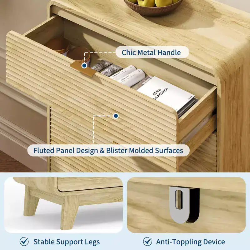 Fluted 5 Drawers Dresser, Curved Profile Design, Modern Wood Storage Cabinet, for Living Room, Bedroom, Entryway