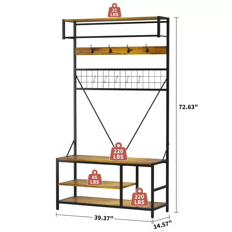 5-in-1 Entryway Hall Tree with Bench, Coat Rack, Adjustable Shoe Storage Shelf, Hanging Rod & 9 Hooks, for Hallway, Mudroom & Bedroom