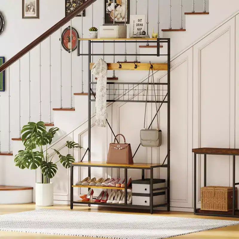 5-in-1 Entryway Hall Tree with Bench, Coat Rack, Adjustable Shoe Storage Shelf, Hanging Rod & 9 Hooks, for Hallway, Mudroom & Bedroom