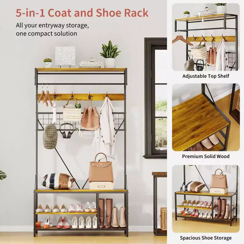 5-in-1 Entryway Hall Tree with Bench, Coat Rack, Adjustable Shoe Storage Shelf, Hanging Rod & 9 Hooks, for Hallway, Mudroom & Bedroom