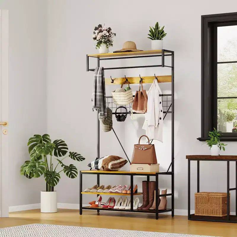 5-in-1 Entryway Hall Tree with Bench, Coat Rack, Adjustable Shoe Storage Shelf, Hanging Rod & 9 Hooks, for Hallway, Mudroom & Bedroom