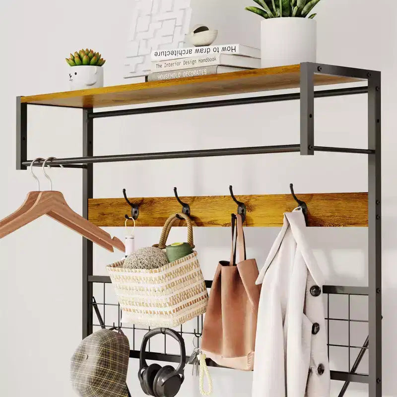 5-in-1 Entryway Hall Tree with Bench, Coat Rack, Adjustable Shoe Storage Shelf, Hanging Rod & 9 Hooks, for Hallway, Mudroom & Bedroom
