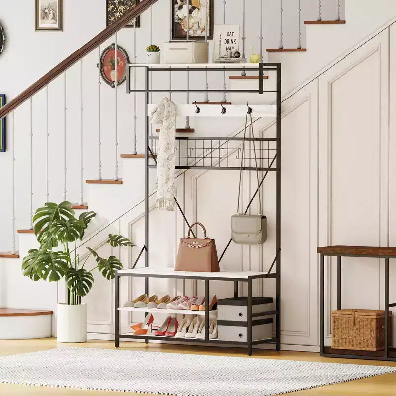 5-in-1 Entryway Hall Tree with Bench, Coat Rack, Adjustable Shoe Storage Shelf, Hanging Rod & 9 Hooks, for Hallway, Mudroom & Bedroom