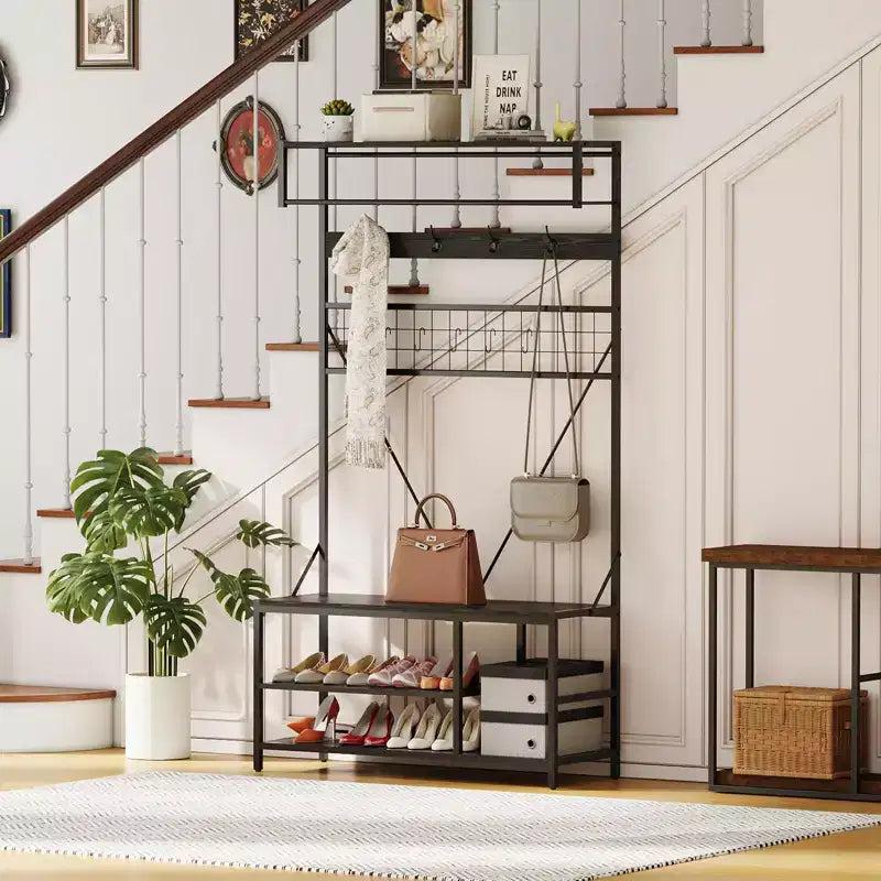 5-in-1 Entryway Hall Tree with Bench, Coat Rack, Adjustable Shoe Storage Shelf, Hanging Rod & 9 Hooks, for Hallway, Mudroom & Bedroom