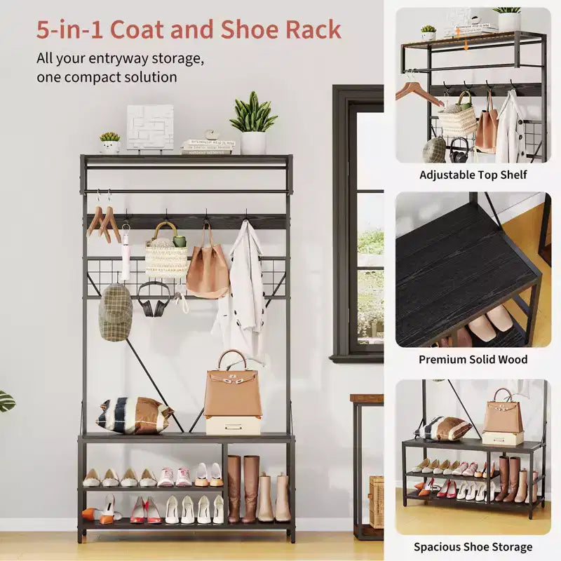 5-in-1 Entryway Hall Tree with Bench, Coat Rack, Adjustable Shoe Storage Shelf, Hanging Rod & 9 Hooks, for Hallway, Mudroom & Bedroom