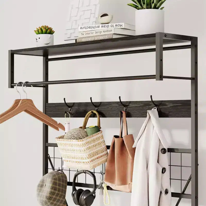 5-in-1 Entryway Hall Tree with Bench, Coat Rack, Adjustable Shoe Storage Shelf, Hanging Rod & 9 Hooks, for Hallway, Mudroom & Bedroom