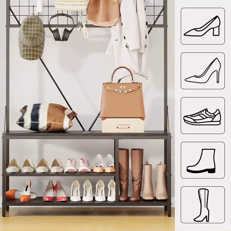 5-in-1 Entryway Hall Tree with Bench, Coat Rack, Adjustable Shoe Storage Shelf, Hanging Rod & 9 Hooks, for Hallway, Mudroom & Bedroom