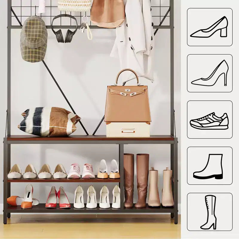 5-in-1 Entryway Hall Tree with Bench, Coat Rack, Adjustable Shoe Storage Shelf, Hanging Rod & 9 Hooks, for Hallway, Mudroom & Bedroom