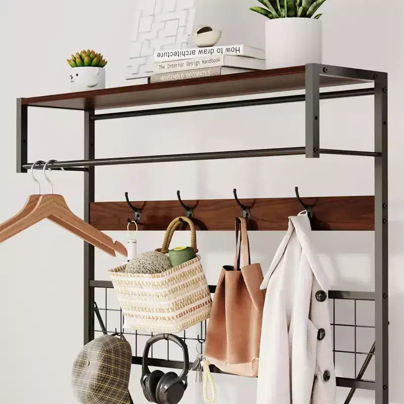 5-in-1 Entryway Hall Tree with Bench, Coat Rack, Adjustable Shoe Storage Shelf, Hanging Rod & 9 Hooks, for Hallway, Mudroom & Bedroom