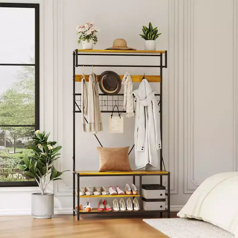 Arbre d'entrée 5-en-1 avec banc, porte-manteau, étagère à chaussures réglable, tringle à vêtements et 9 crochets, pour couloir, vestiaire et chambre à coucher