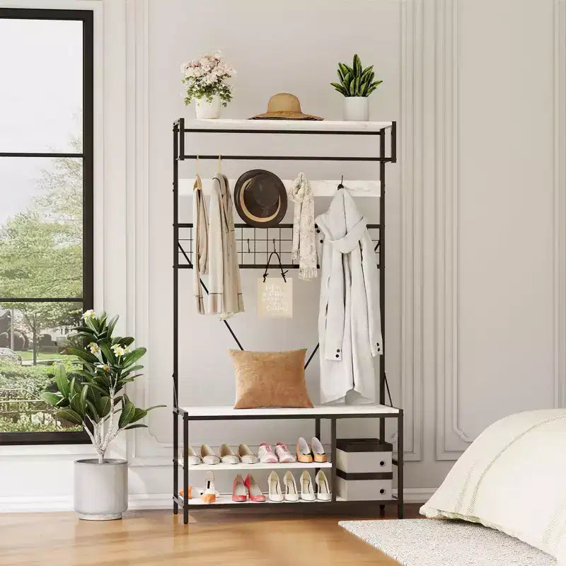 Arbre d'entrée 5-en-1 avec banc, porte-manteau, étagère à chaussures réglable, tringle à vêtements et 9 crochets, pour couloir, vestiaire et chambre à coucher