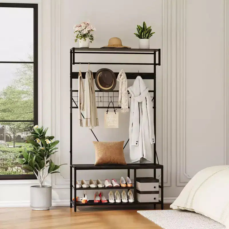 Arbre d'entrée 5-en-1 avec banc, porte-manteau, étagère à chaussures réglable, tringle à vêtements et 9 crochets, pour couloir, vestiaire et chambre à coucher