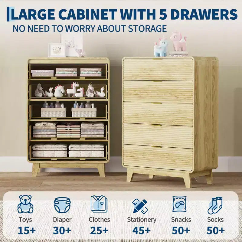 Wooden 5-Drawer Dresser with Gold-Tone Handles & Curved Silhouette, Contemporary Display Cabinet with Wood Legs for Living Room, Bedroom & Entryway