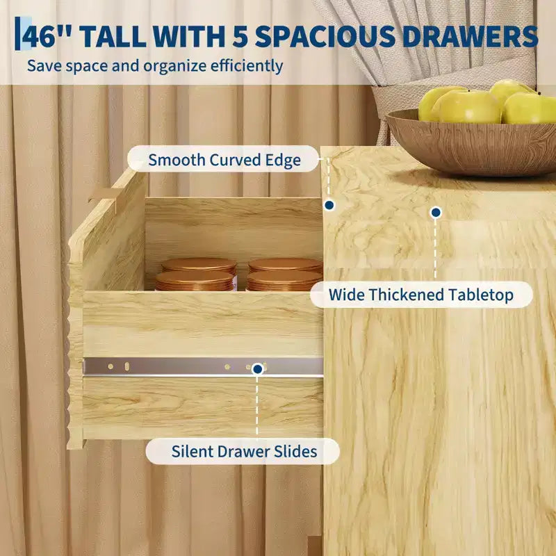 Wooden 5-Drawer Dresser with Gold-Tone Handles & Curved Silhouette, Contemporary Display Cabinet with Wood Legs for Living Room, Bedroom & Entryway