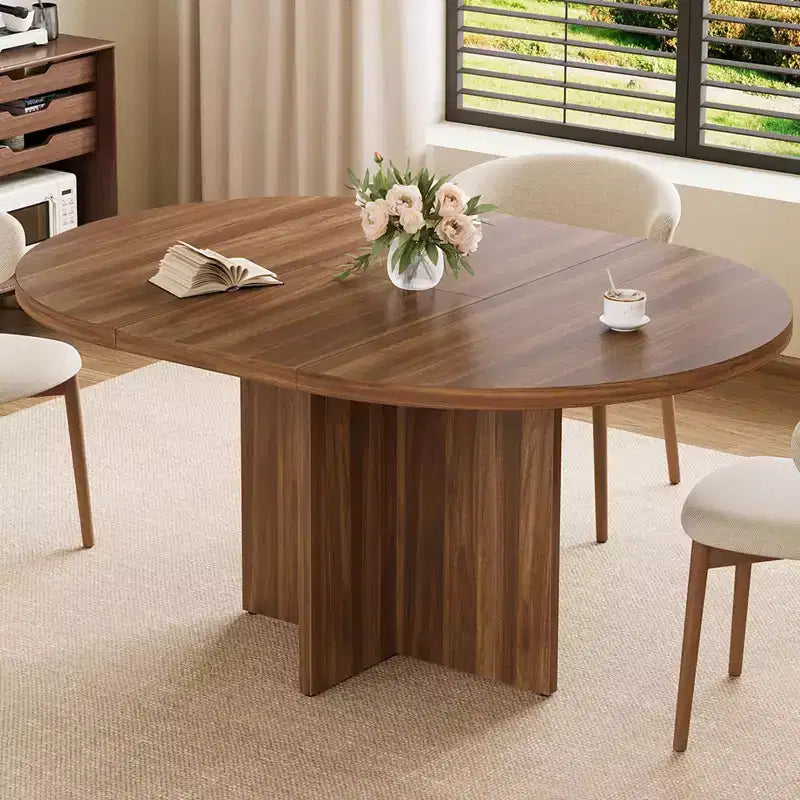 Acekool Extendable Round Dining Table for 4-8, Wooden Kitchen Table with Expandable Leaf, Oval Dining Room Table, Walnut
