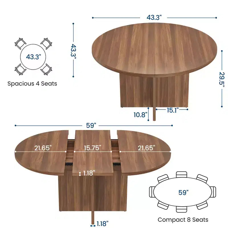 Acekool Extendable Round Dining Table for 4-8, Wooden Kitchen Table with Expandable Leaf, Oval Dining Room Table, Walnut