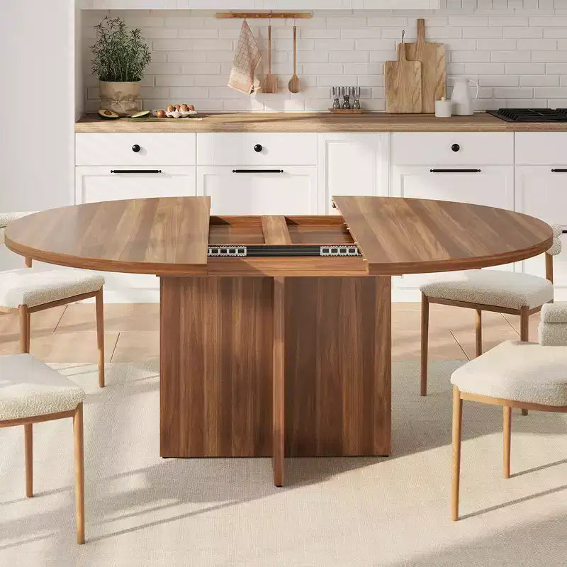 Acekool Extendable Round Dining Table for 4-8, Wooden Kitchen Table with Expandable Leaf, Oval Dining Room Table, Walnut