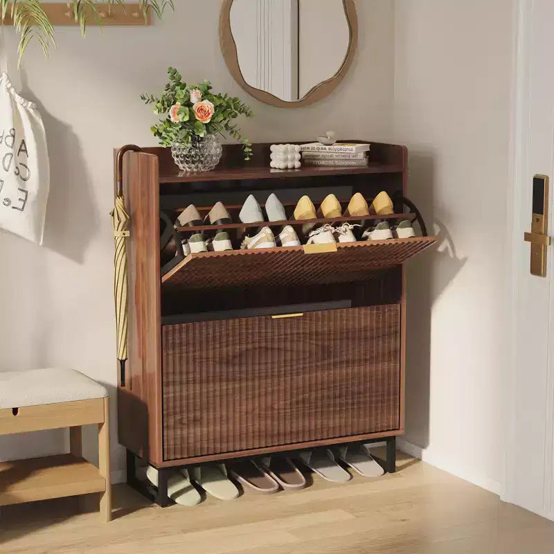 Acekool Narrow Shoe Storage Cabinet with 2 Flip Drawers, Wooden Hidden Shoe Rack Organizer for Entryway Hallway, Walnut