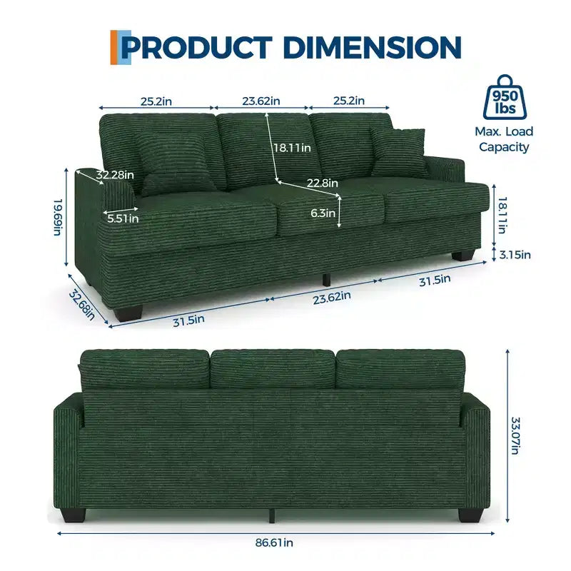 86 Modern Deep Seat Sofa, Comfy Upholstered Couch with 2 Throw Pillows and Removable Covers for Living Room, Apartment & Small Spaces
