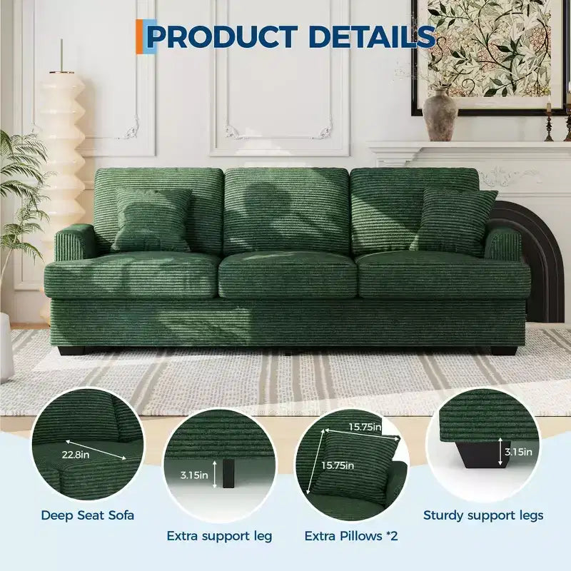86 Modern Deep Seat Sofa, Comfy Upholstered Couch with 2 Throw Pillows and Removable Covers for Living Room, Apartment & Small Spaces