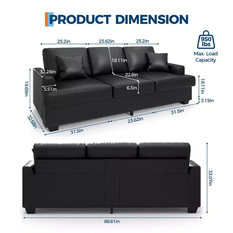 86 Modern Deep Seat Sofa, Comfy Upholstered Couch with 2 Throw Pillows and Removable Covers for Living Room, Apartment & Small Spaces