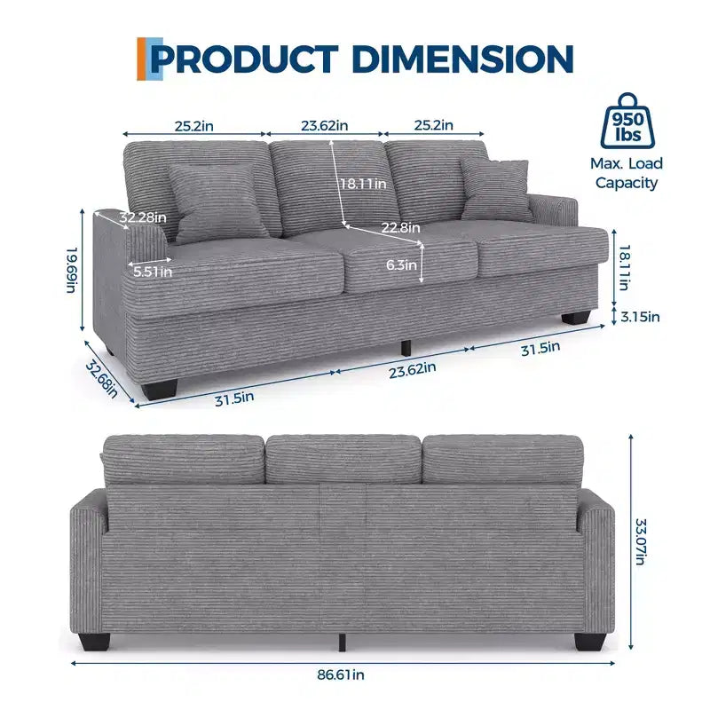 86 Modern Deep Seat Sofa, Comfy Upholstered Couch with 2 Throw Pillows and Removable Covers for Living Room, Apartment & Small Spaces