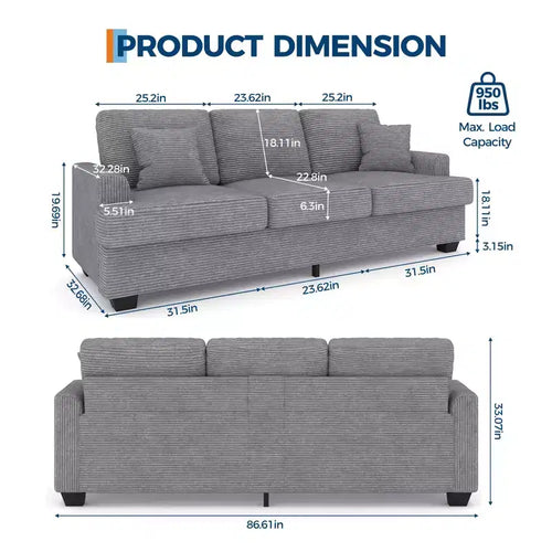 Canapé profond moderne de 86 pouces, rembourré confortable avec 2 coussins décoratifs et housses amovibles pour salon, appartement et petits espaces