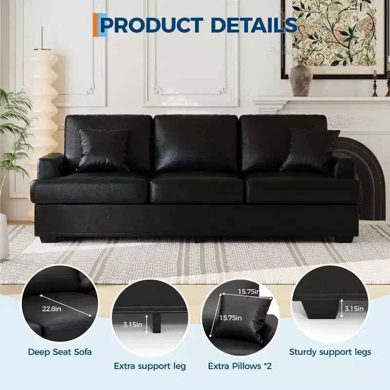 86 Modern Deep Seat Sofa, Comfy Upholstered Couch with 2 Throw Pillows and Removable Covers for Living Room, Apartment & Small Spaces