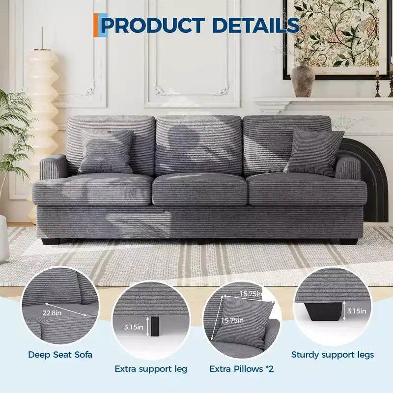 86 Modern Deep Seat Sofa, Comfy Upholstered Couch with 2 Throw Pillows and Removable Covers for Living Room, Apartment & Small Spaces