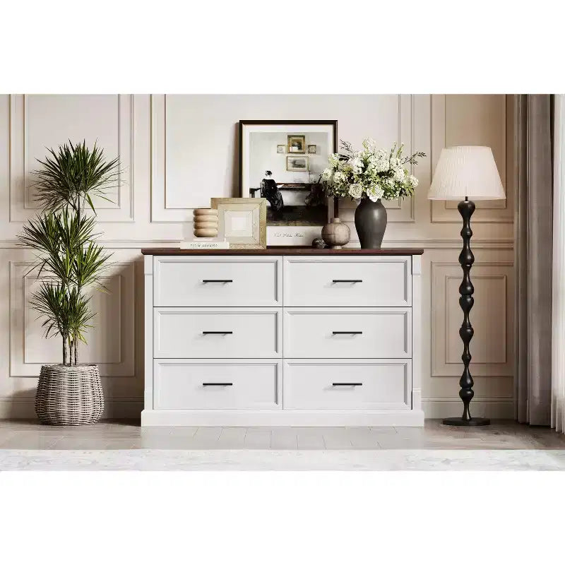 Rustic Farmhouse 6-Drawer Double Dresser, Wooden Storage Chest with Metal Handles, Multi-Use Organizer for Bedroom & Kids Room, Brown & Grey