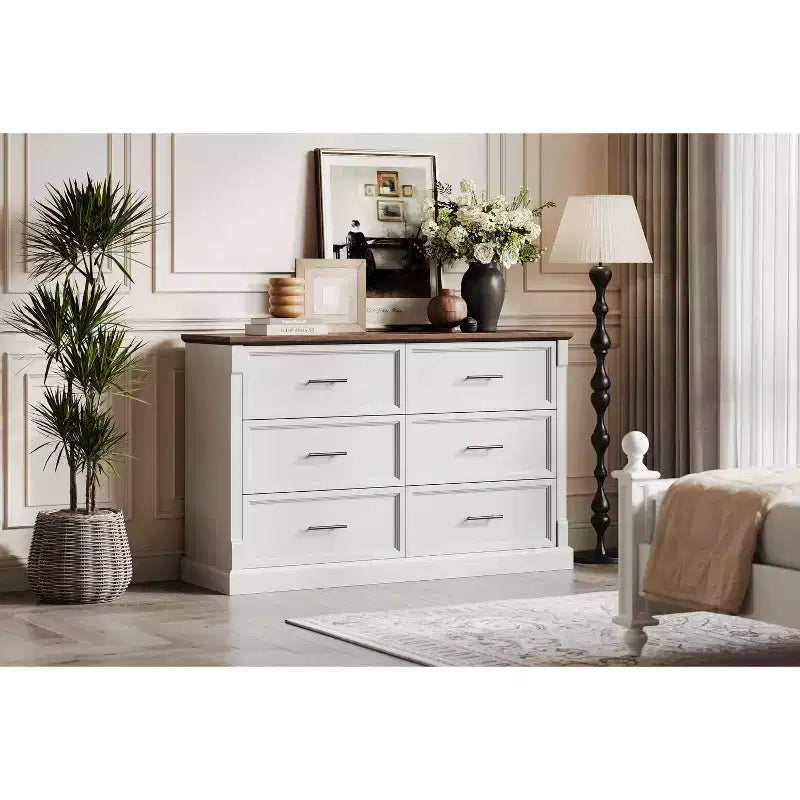 Rustic Farmhouse 6-Drawer Double Dresser, Wooden Storage Chest with Metal Handles, Multi-Use Organizer for Bedroom & Kids Room, Brown & Grey