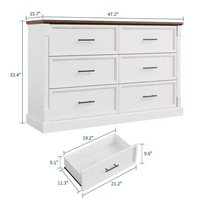 Rustic Farmhouse 6-Drawer Double Dresser, Wooden Storage Chest with Metal Handles, Multi-Use Organizer for Bedroom & Kids Room, Brown & Grey