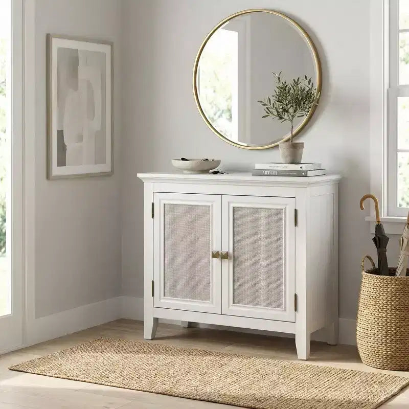 FurnitureR Farmhouse Storage Cabinet with Rattan Doors, Accent Buffet Sideboard with Adjustable Storage Shelf for Entryway, Living Room or Dining Room