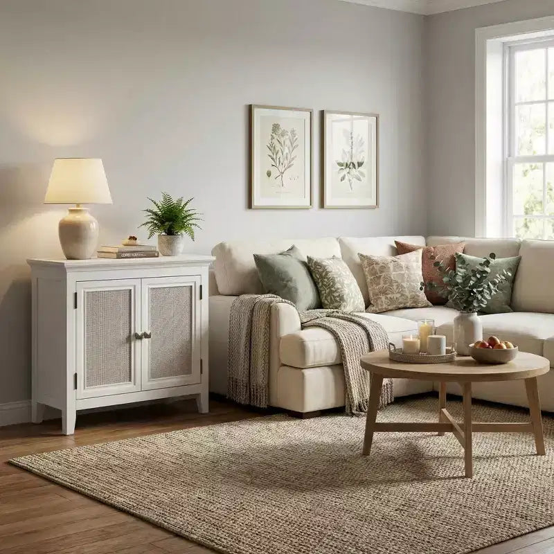 FurnitureR Farmhouse Storage Cabinet with Rattan Doors, Accent Buffet Sideboard with Adjustable Storage Shelf for Entryway, Living Room or Dining Room