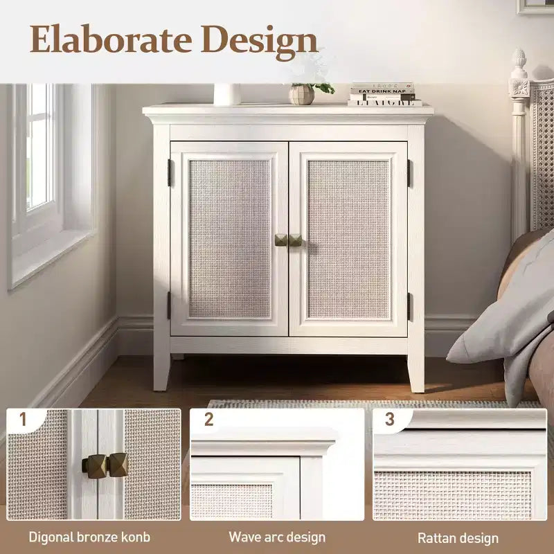 FurnitureR Farmhouse Storage Cabinet with Rattan Doors, Accent Buffet Sideboard with Adjustable Storage Shelf for Entryway, Living Room or Dining Room