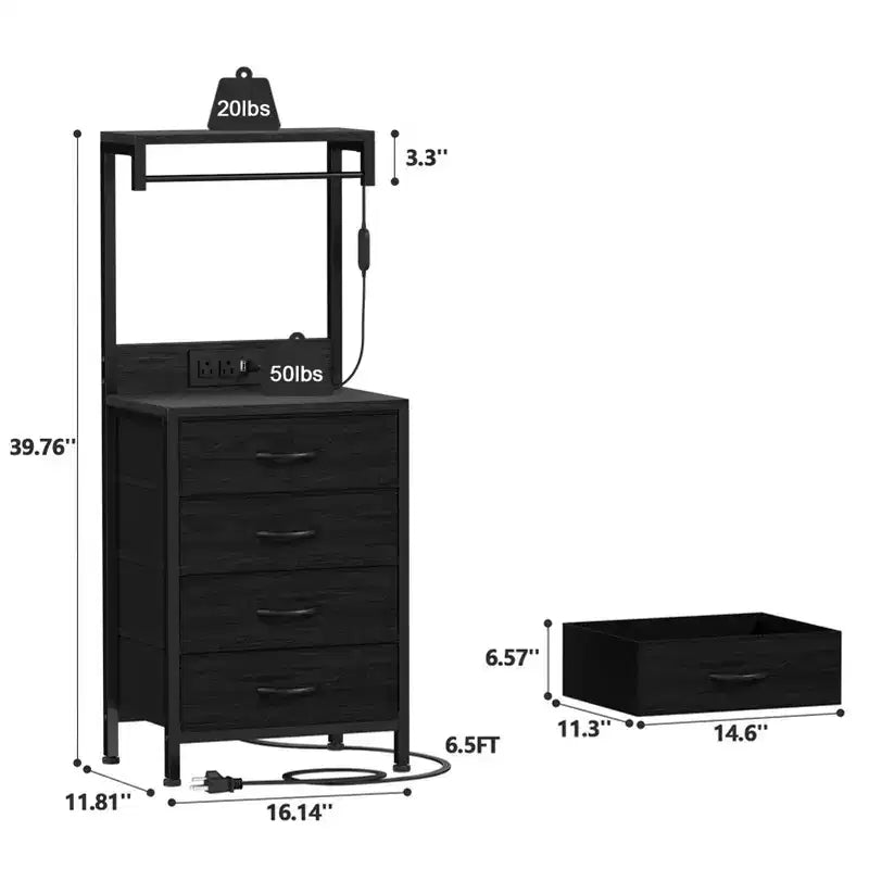 Tall Black Oak Nightstand 4 Fabric Drawers Storage Shelves Modern Bedside Side End Table Narrow Accent Organizer for Small Space Bedroom Living Room